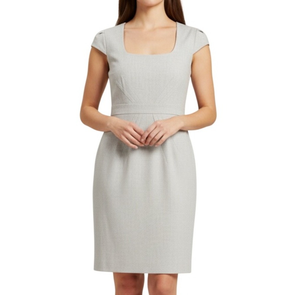 GIANNI BINI Lined TWILL Gray CAP SLEEVES Zip Back PLEATED DETAIL Sheath Dress 6
